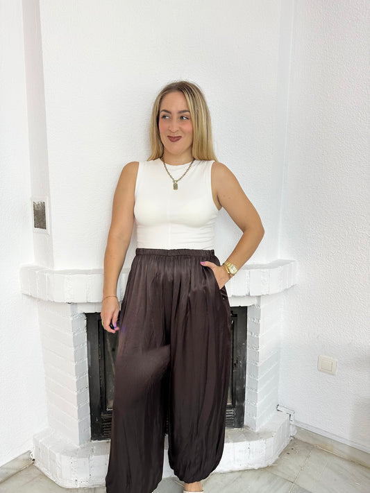 PANTALON BOMBACHO SATÉN CHOCOLATE