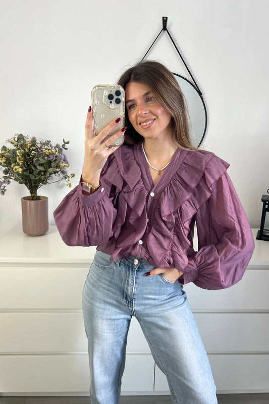 BLUSA VOLANTES GASA MORADA