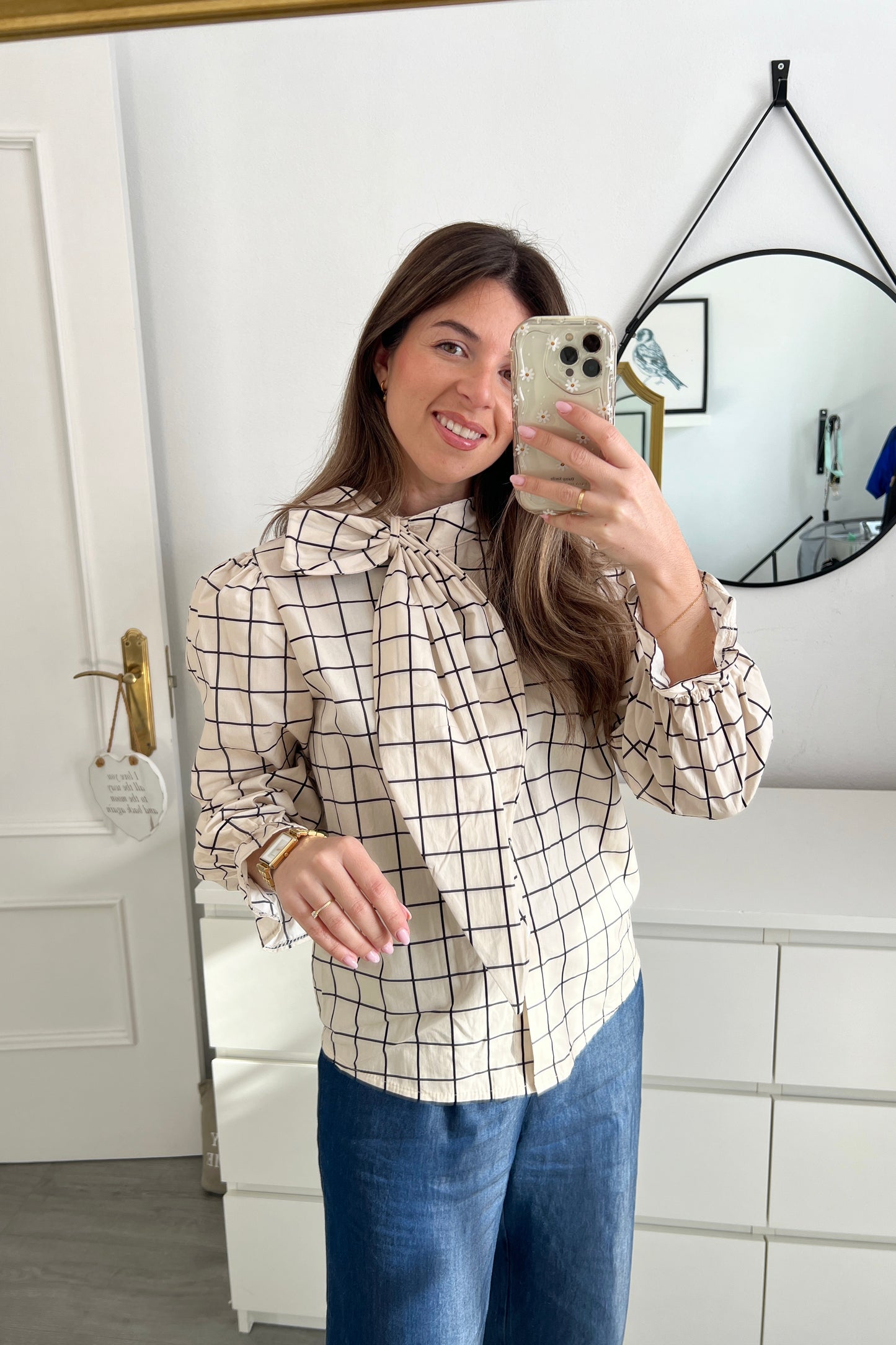 BLUSA HOJA CUADROS BEIGE